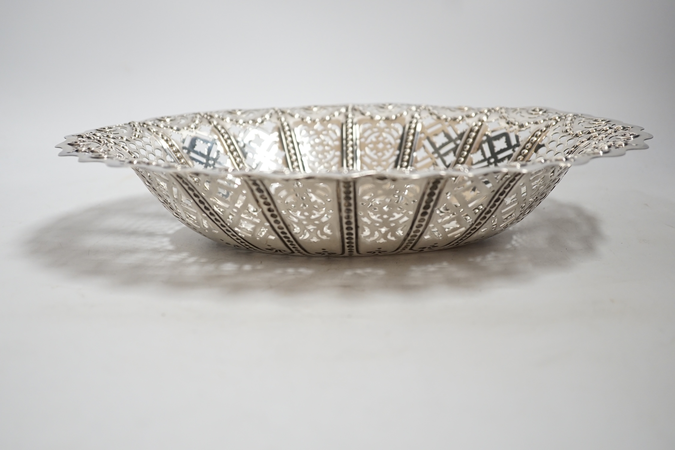 A late Victorian pierced silver oval fruit bowl, Martin, Hall & Co, Sheffield, 1896, 28.1cm, 10.7oz.